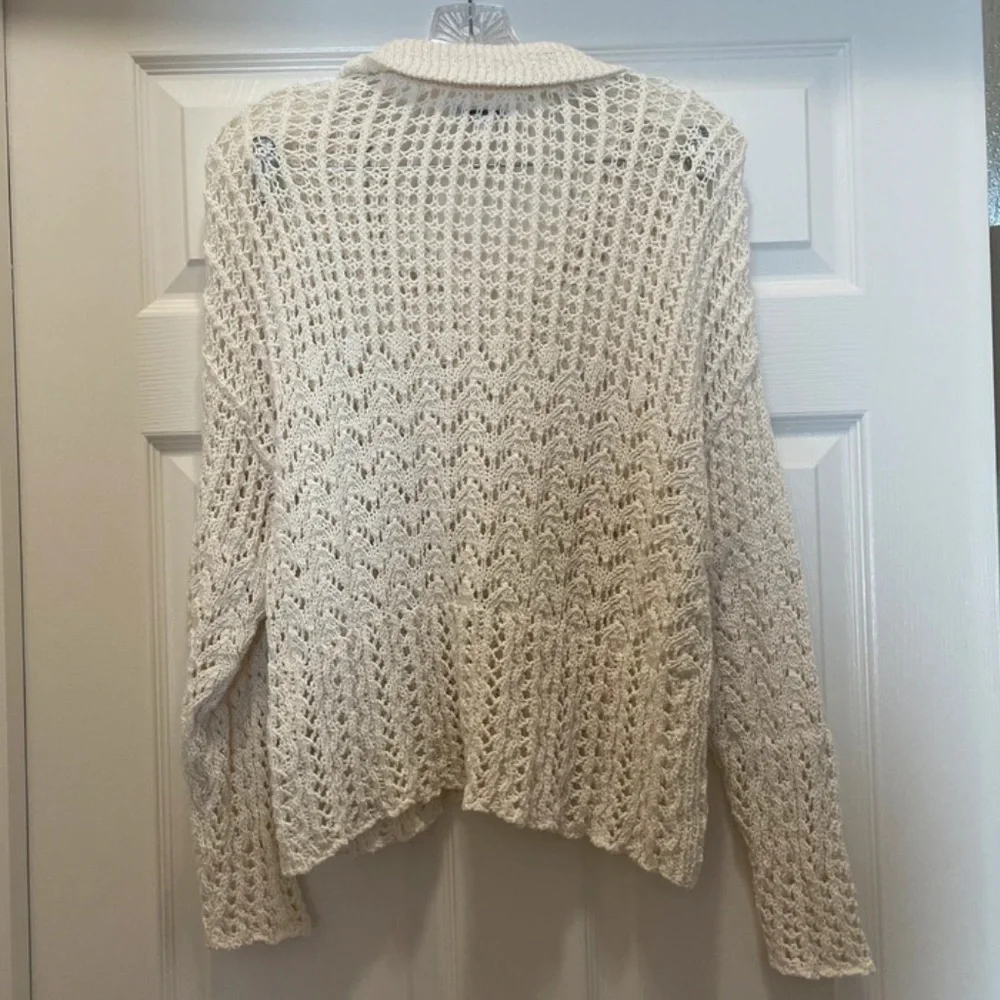 American Eagle Crochet Loose Knit Polo Sweater Cream Tassels Modern Flare Size M
